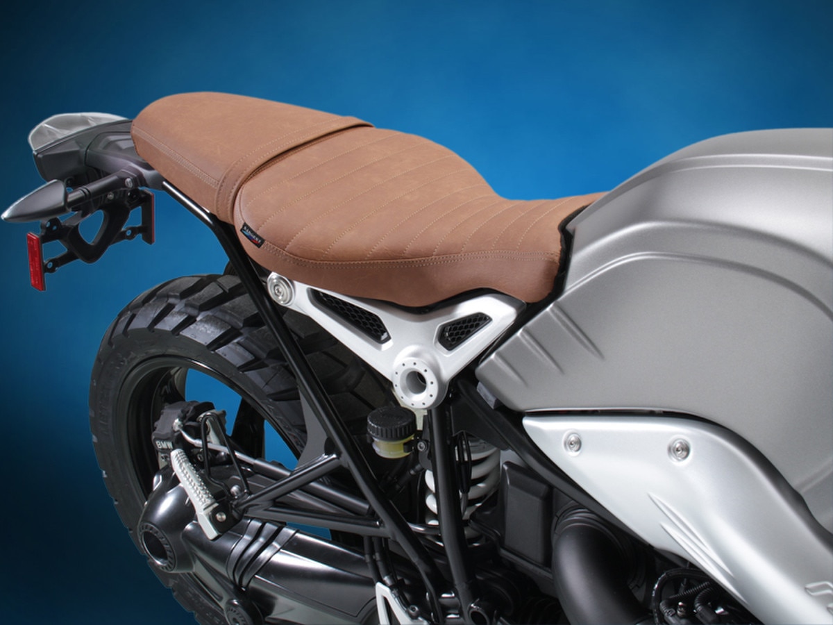 BMW - R NINE T SCRAMBLER 2016-18 - World Sport Performance Seat as seen on the motorcycle with hand-sewn premium retor pleated tan seat covers.